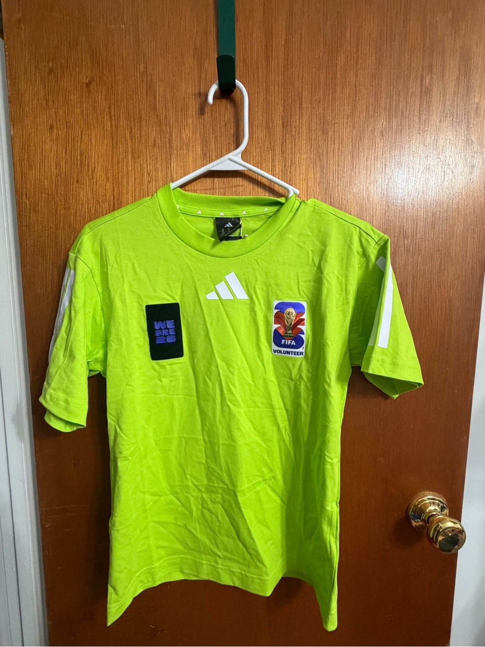 Adidas FIFA Volunteer 2026 Neon Green Graphic Tee with White Logo unisex XS NWT